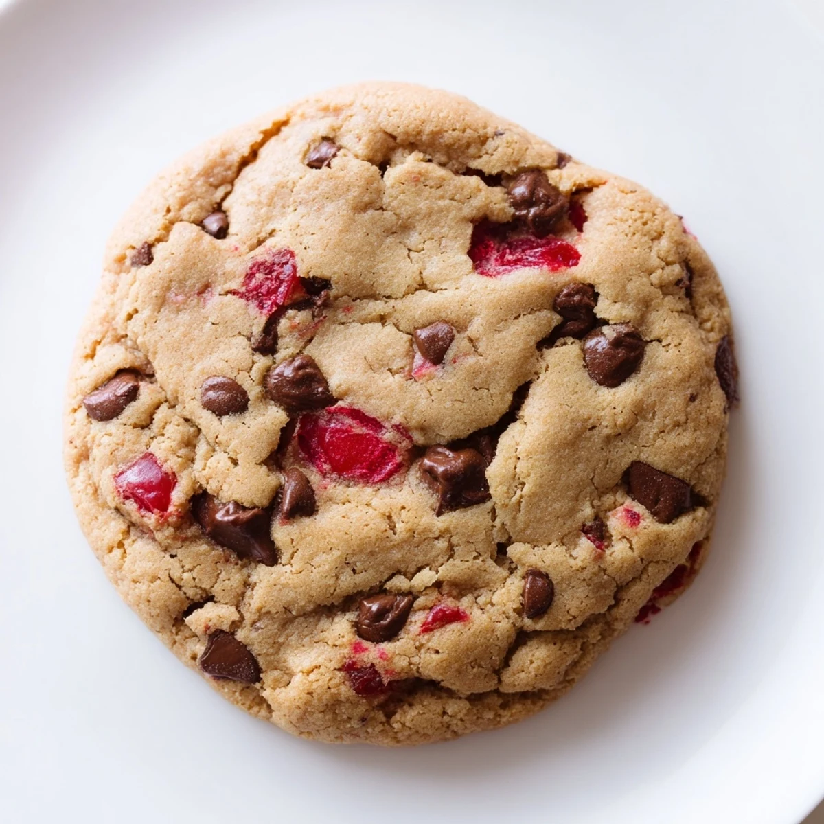 Soft maraschino cherry chocolate chip cookies with golden edges on a rustic wooden board