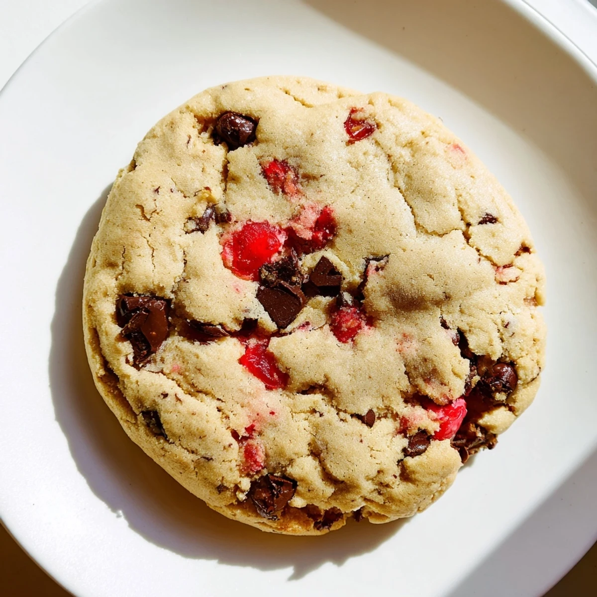 Chewy maraschino cherry chocolate chip cookie loaded with bright red fruit and chocolate