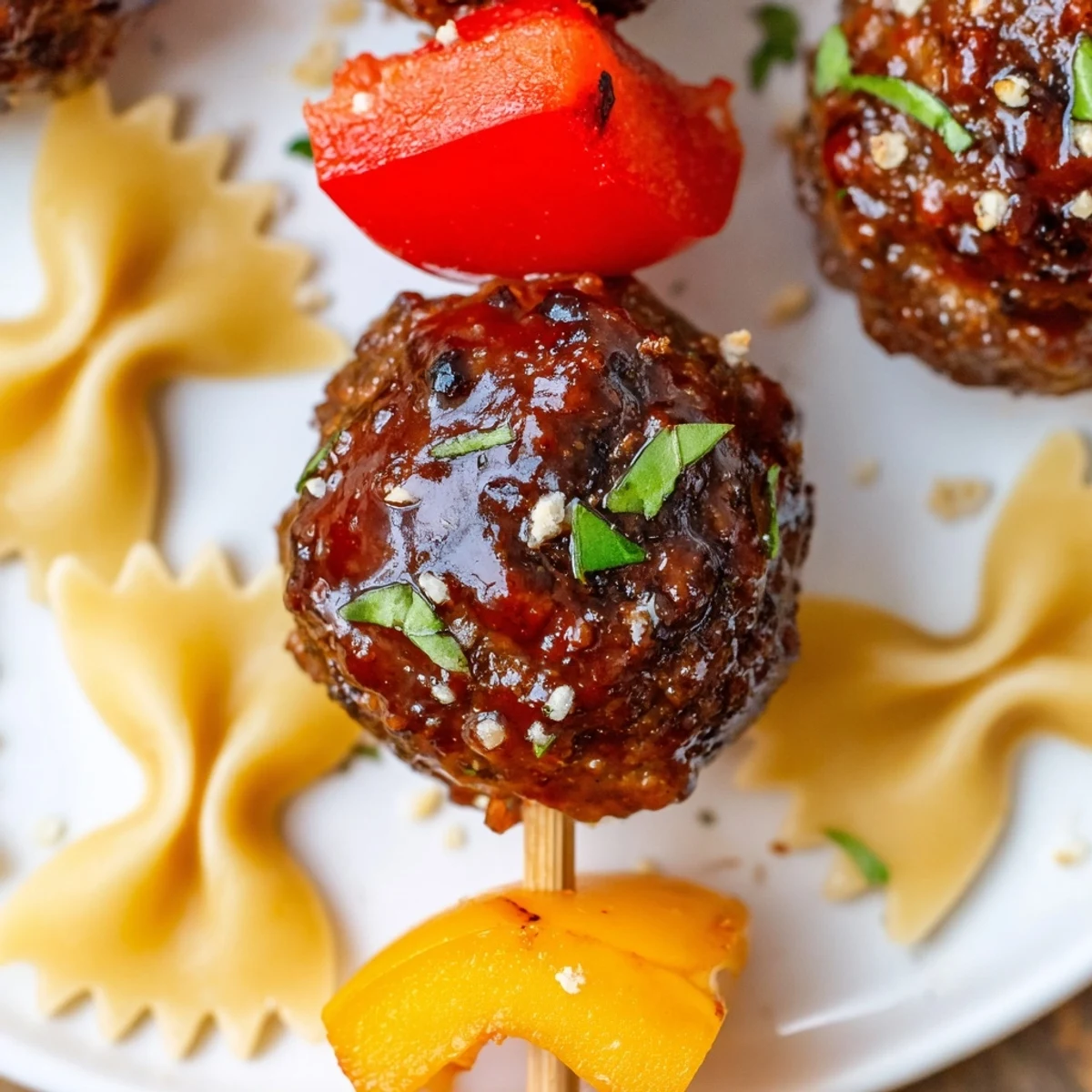 Juicy cocktail meatballs alternate with bowtie pasta and crisp bell peppers on skewers