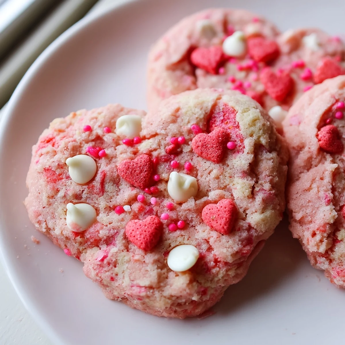 Soft pink Valentine strawberry cookies with white chocolate chips arranged on a rustic baking sheet