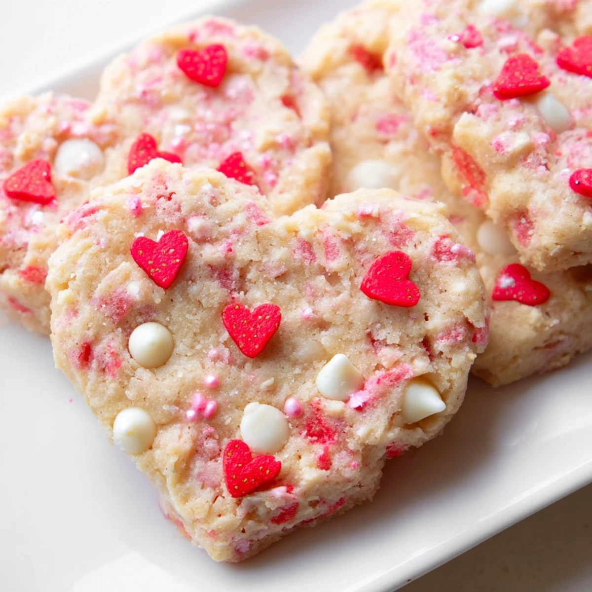 Chewy Valentine strawberry cookies topped with heart sprinkles on a white ceramic serving plate