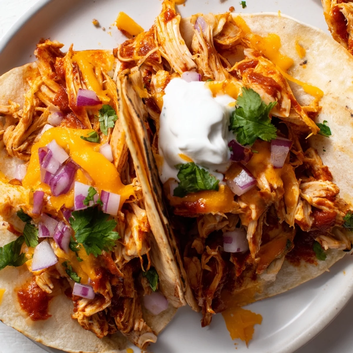 Tender slow cooker shredded chicken tacos piled high with fresh lettuce and melted cheese