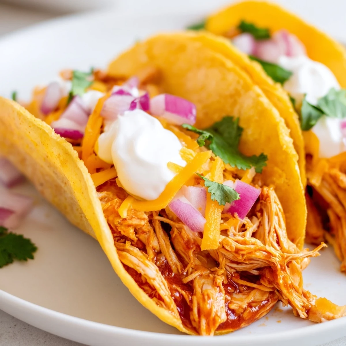 Juicy shredded chicken tacos garnished with creamy avocado slices and bright green cilantro leaves