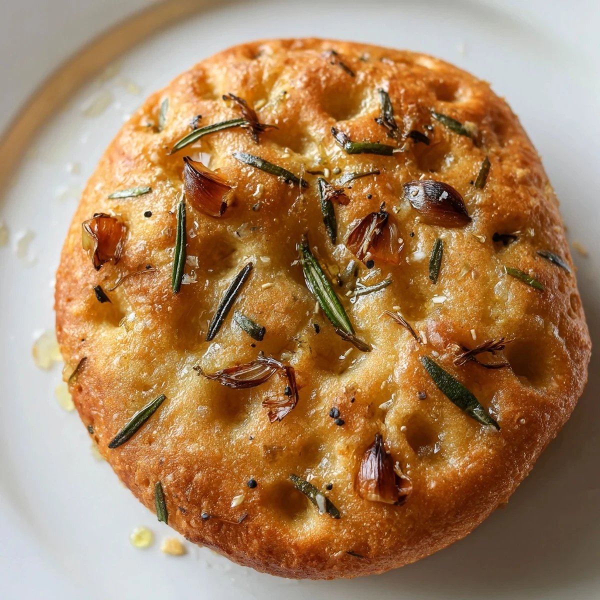 Golden garlic rosemary focaccia muffins fresh from the oven with crispy, herb-flecked tops