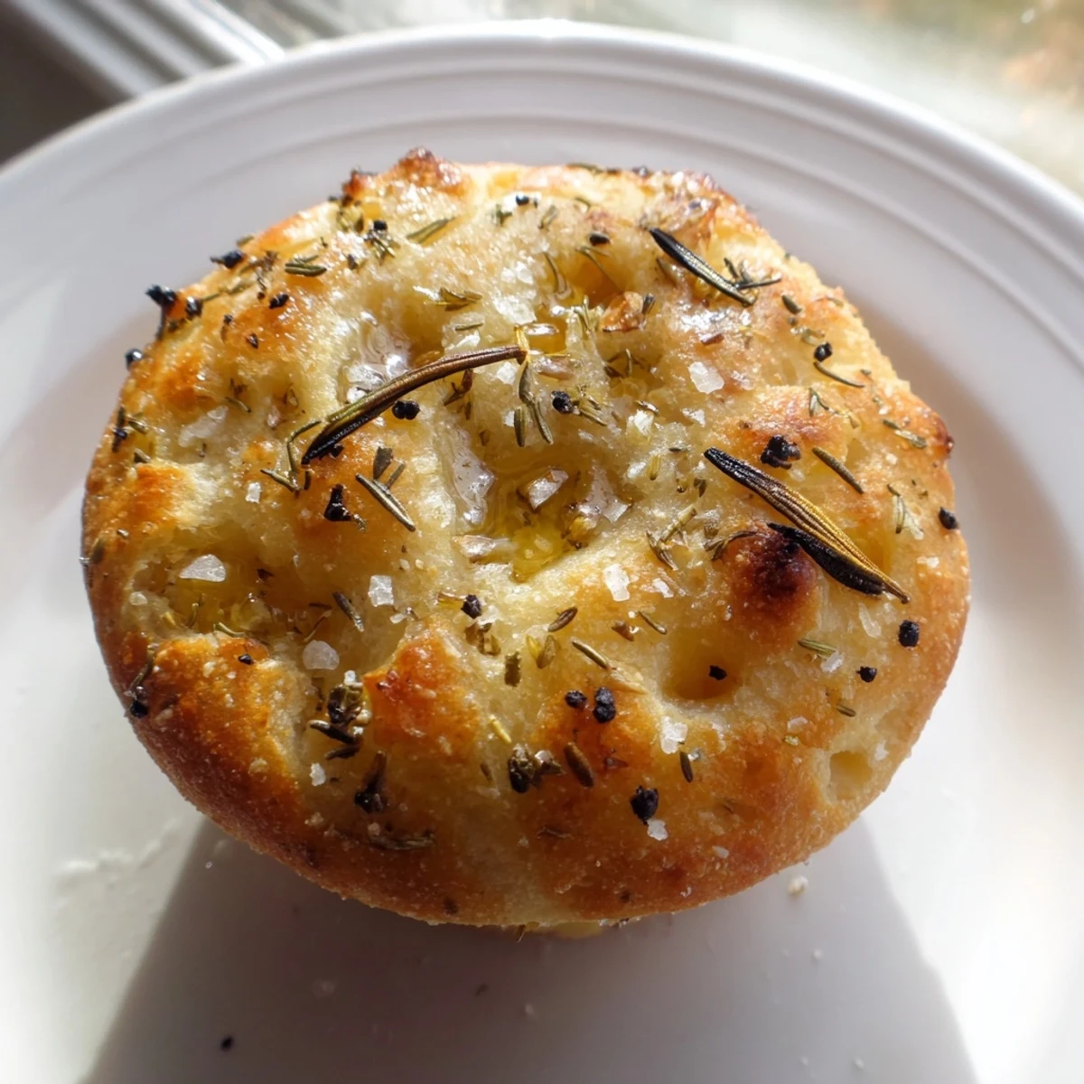Individual garlic rosemary focaccia muffins drizzled with olive oil and sprinkled with sea salt