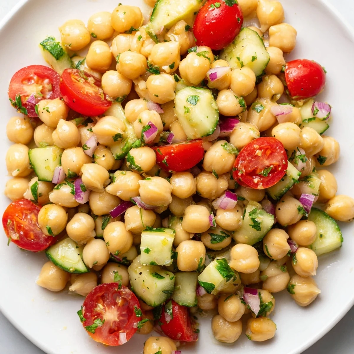 Vibrant chickpea cucumber salad topped with fresh parsley and juicy red tomato halves
