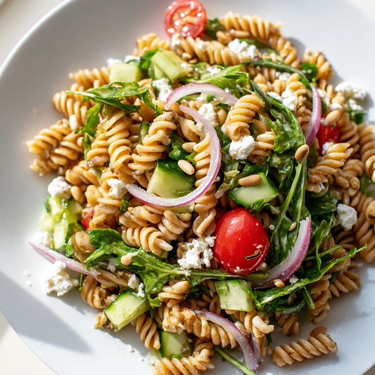 Quick Lemon Arugula Pasta Salad tossed with juicy tomatoes, cucumber, and tangy feta cheese