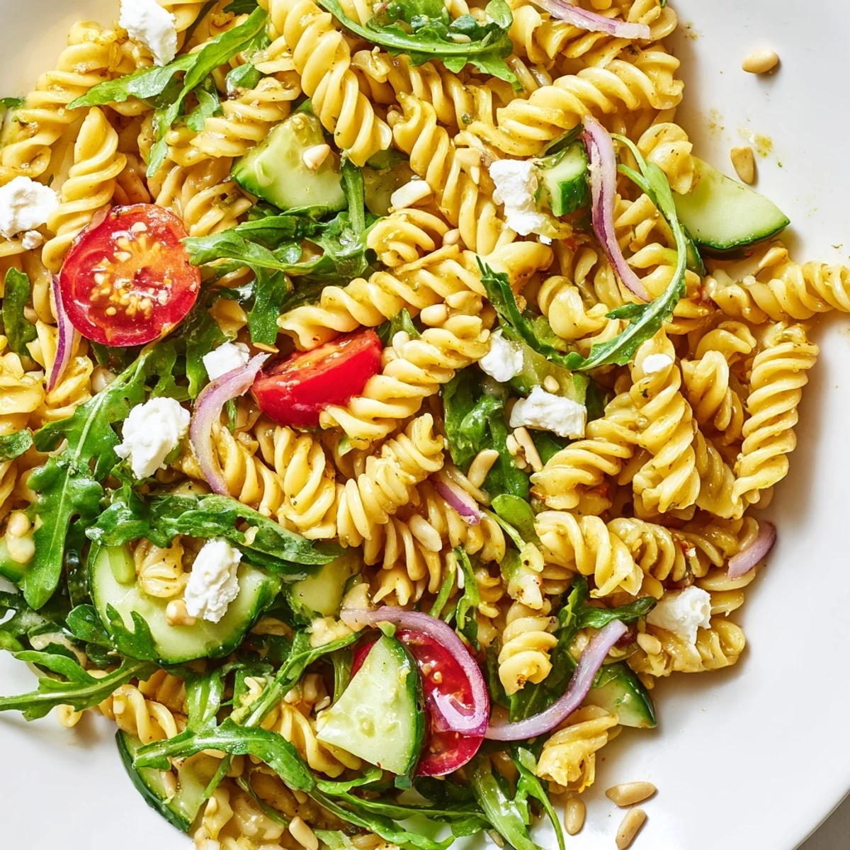 Vibrant bowl of Quick Lemon Arugula Pasta Salad drizzled with zesty citrus dressing