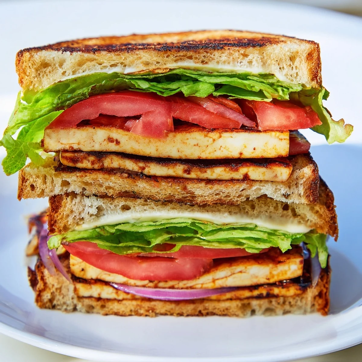 Golden smoky tofu lettuce tomato TLT sandwich stacked on toasted sourdough bread