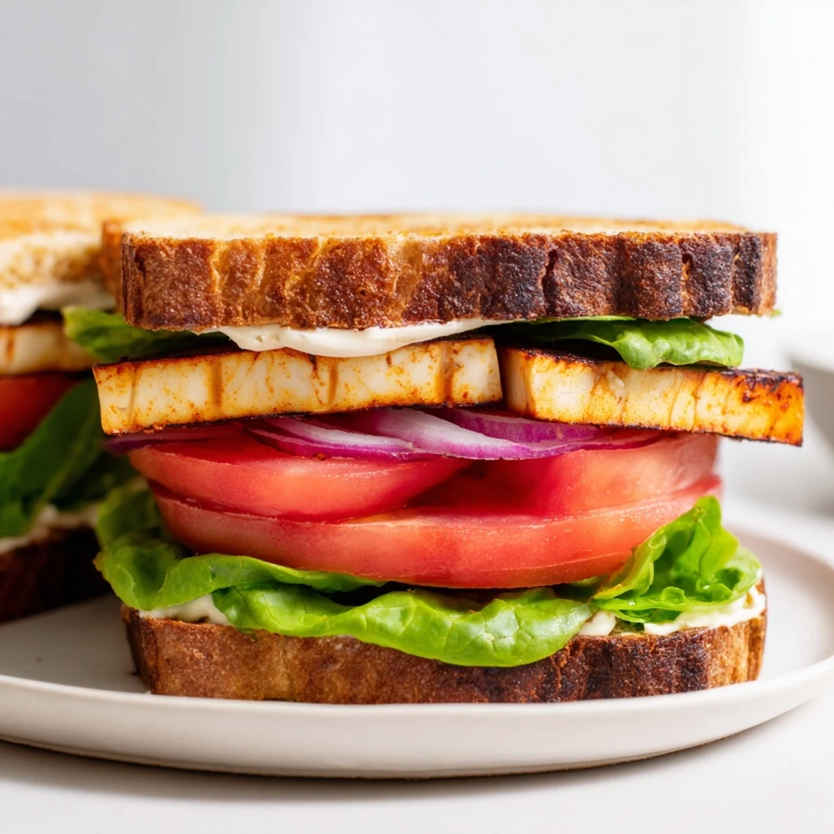 Crisp lettuce and juicy tomatoes layer this smoky tofu TLT sandwich perfectly