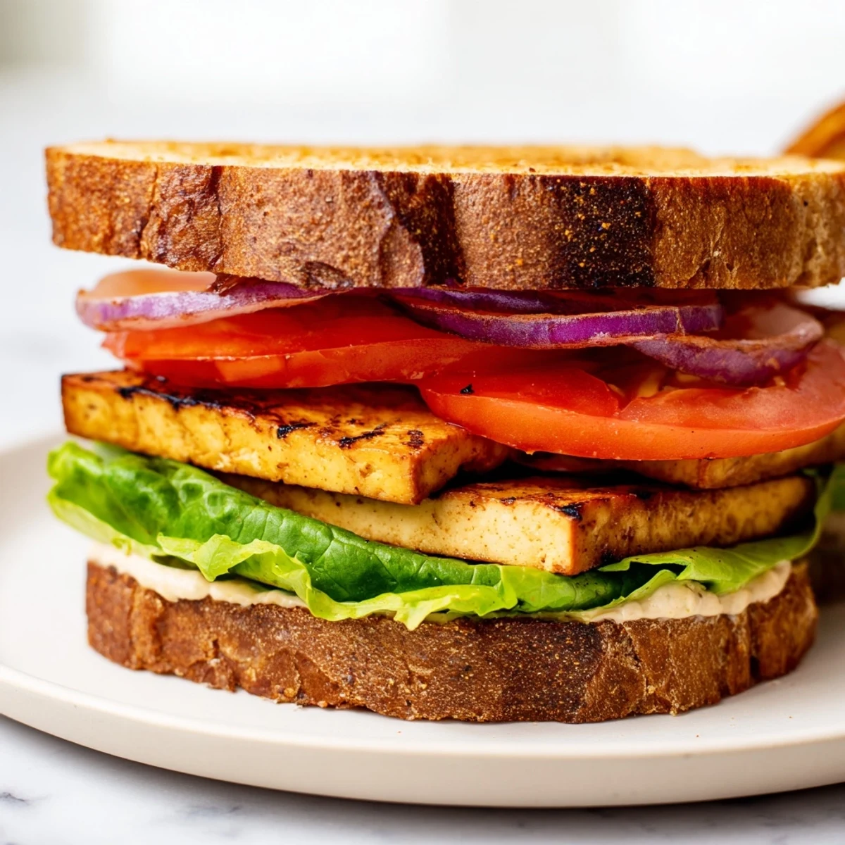 Smoky tofu TLT sandwich cut in half showing vibrant summer tomato and lettuce