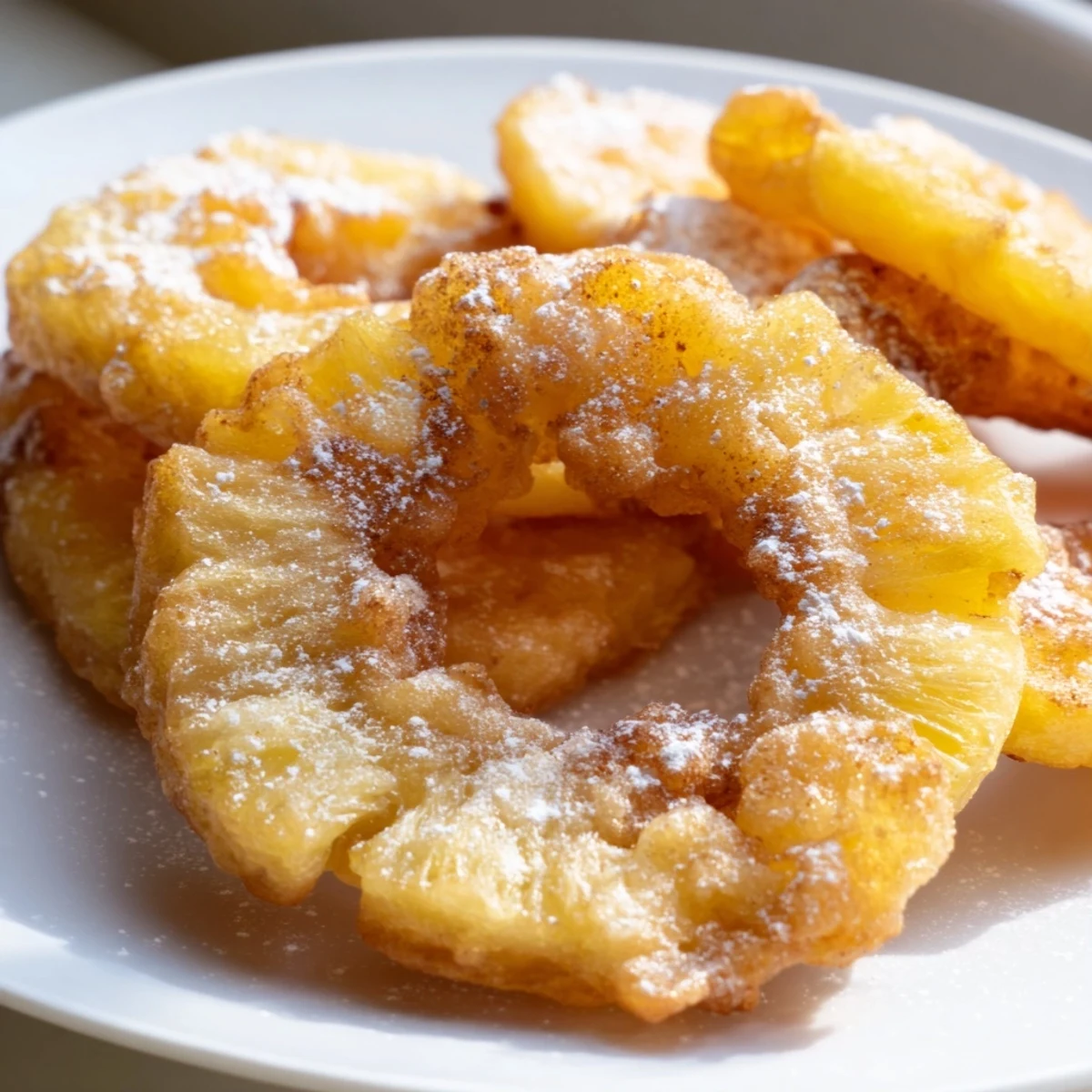 Fried pineapple rings with a crunchy caramelized batter served alongside vanilla ice cream