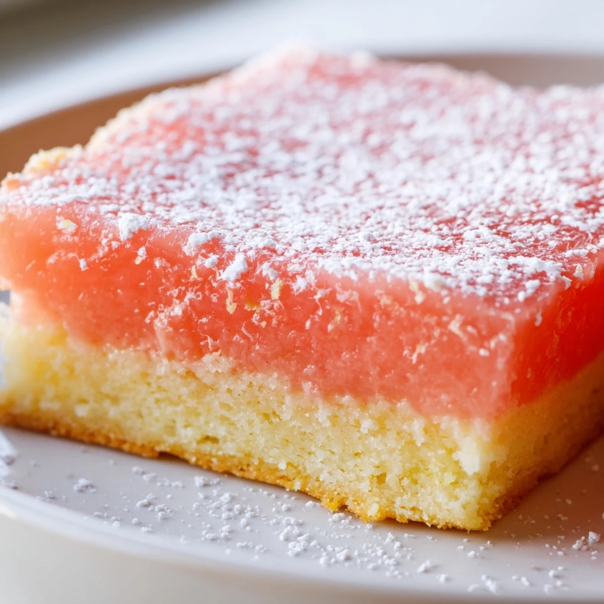 Creamy grapefruit bars sliced into squares with a vibrant pink citrus filling