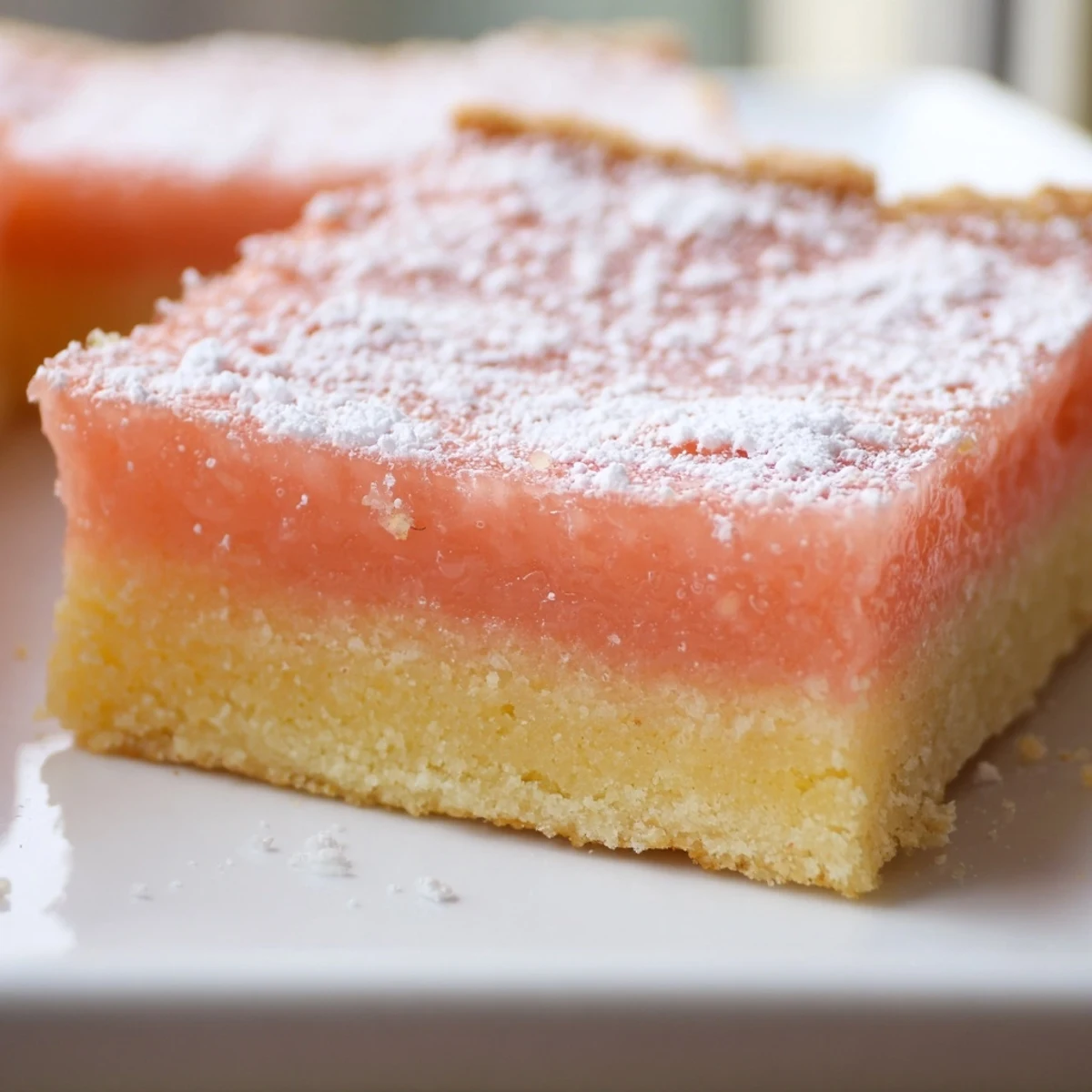 Bright pink grapefruit bars dusted with powdered sugar on a rustic cutting board