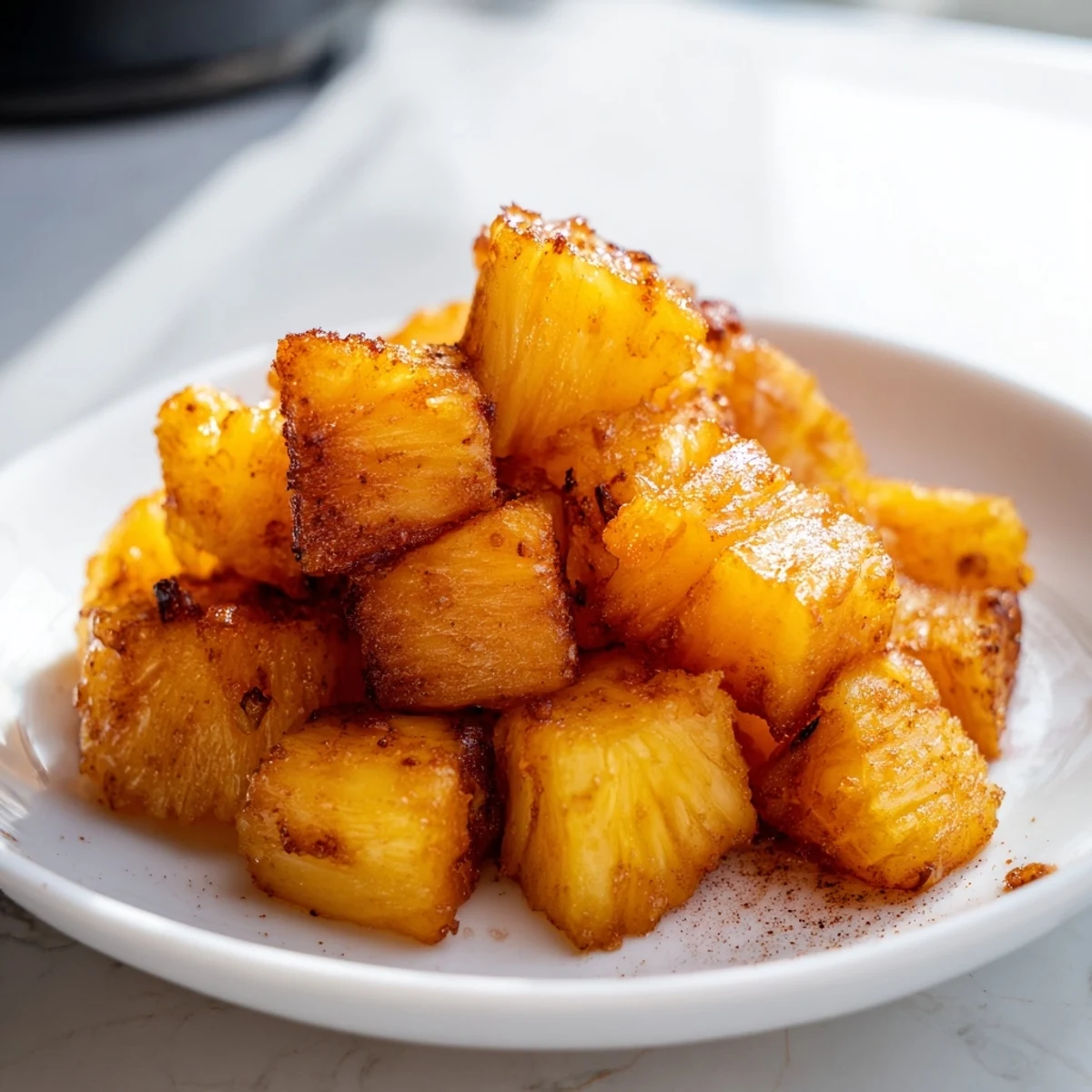 Golden caramelized Air Fryer Pineapple Chunks with crisp edges on a rustic plate