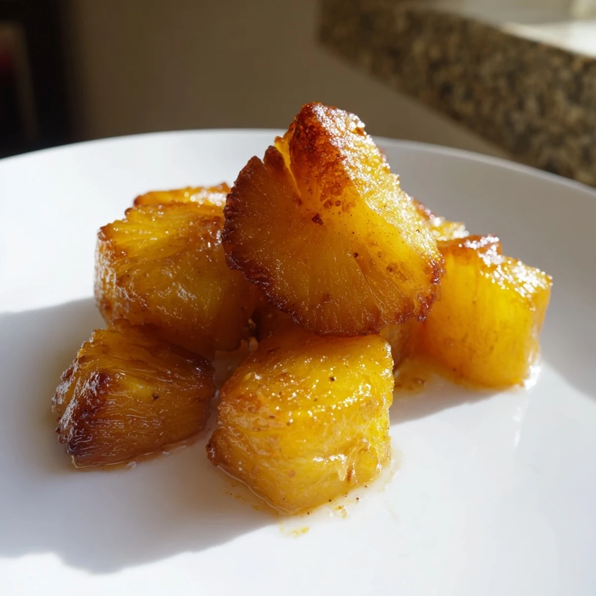 Glistening Air Fryer Pineapple Chunks topped over creamy yogurt with golden syrup