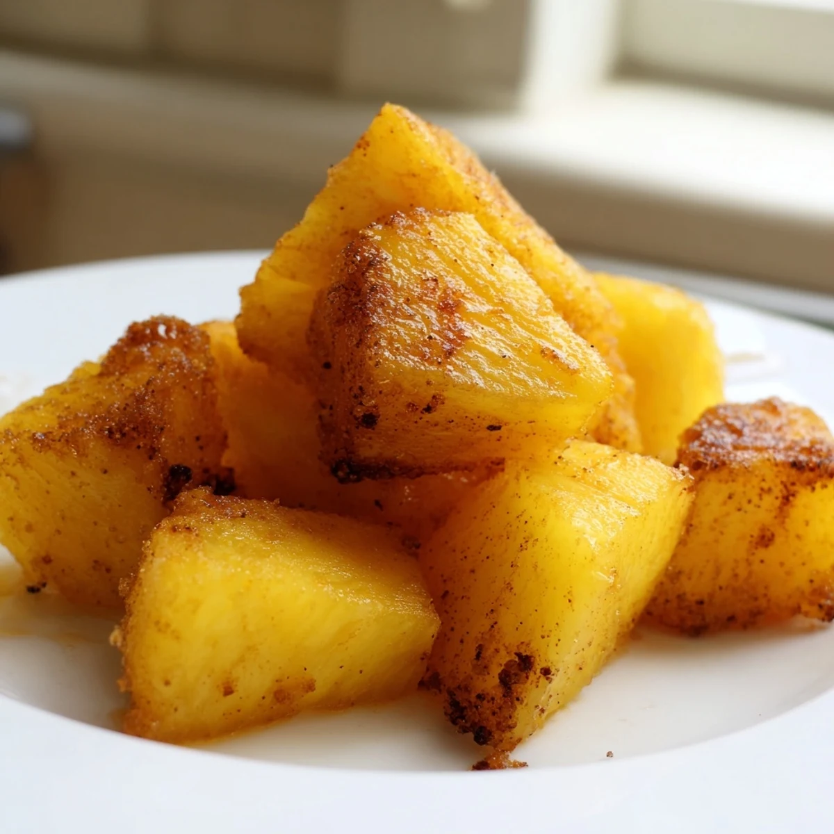 Air Fryer Pineapple Chunks dusted with cinnamon, served warm in a bowl