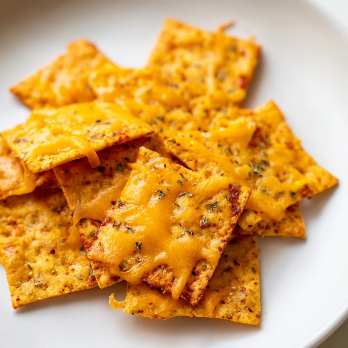 Golden taco crackers sprinkled with melted cheddar and oregano on a parchment-lined baking sheet.