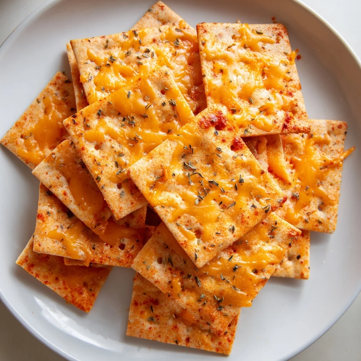 Crunchy baked taco crackers arranged in a rustic bowl beside fresh salsa and guacamole.
