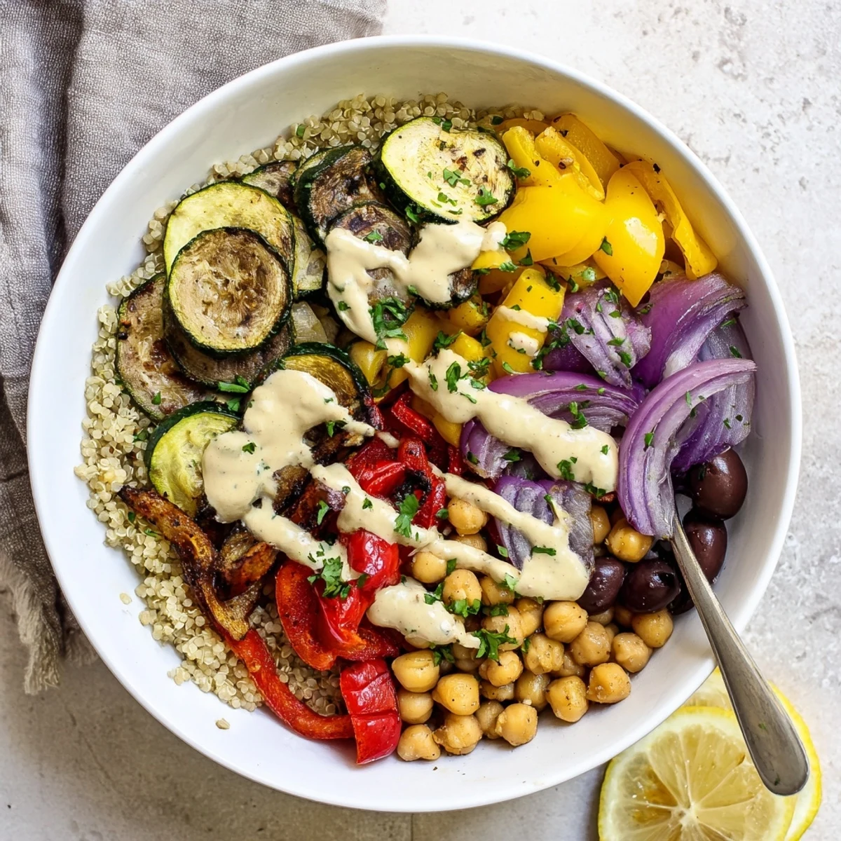 A cozy vegan Mediterranean roasted vegetables bowl featuring charred bell peppers, olives, and a smooth garlic tahini drizzle.