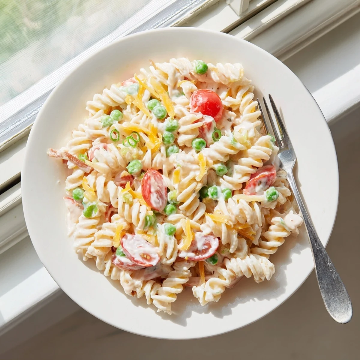 Creamy addictive crack pasta salad mounded with cheddar, bacon bits, and crisp veggies