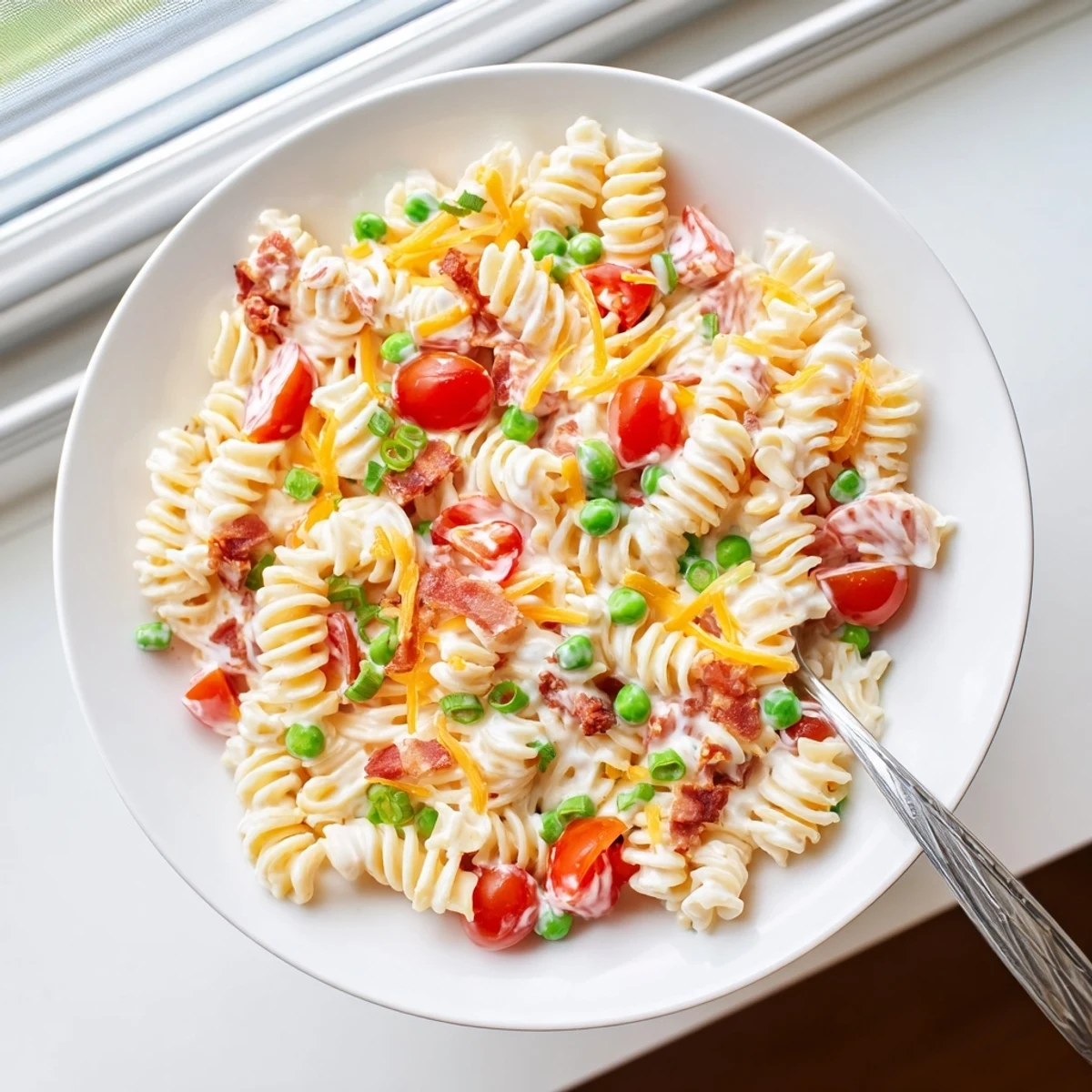 Vibrant bowl of addictive crack pasta salad dotted with cherry tomatoes and green onions