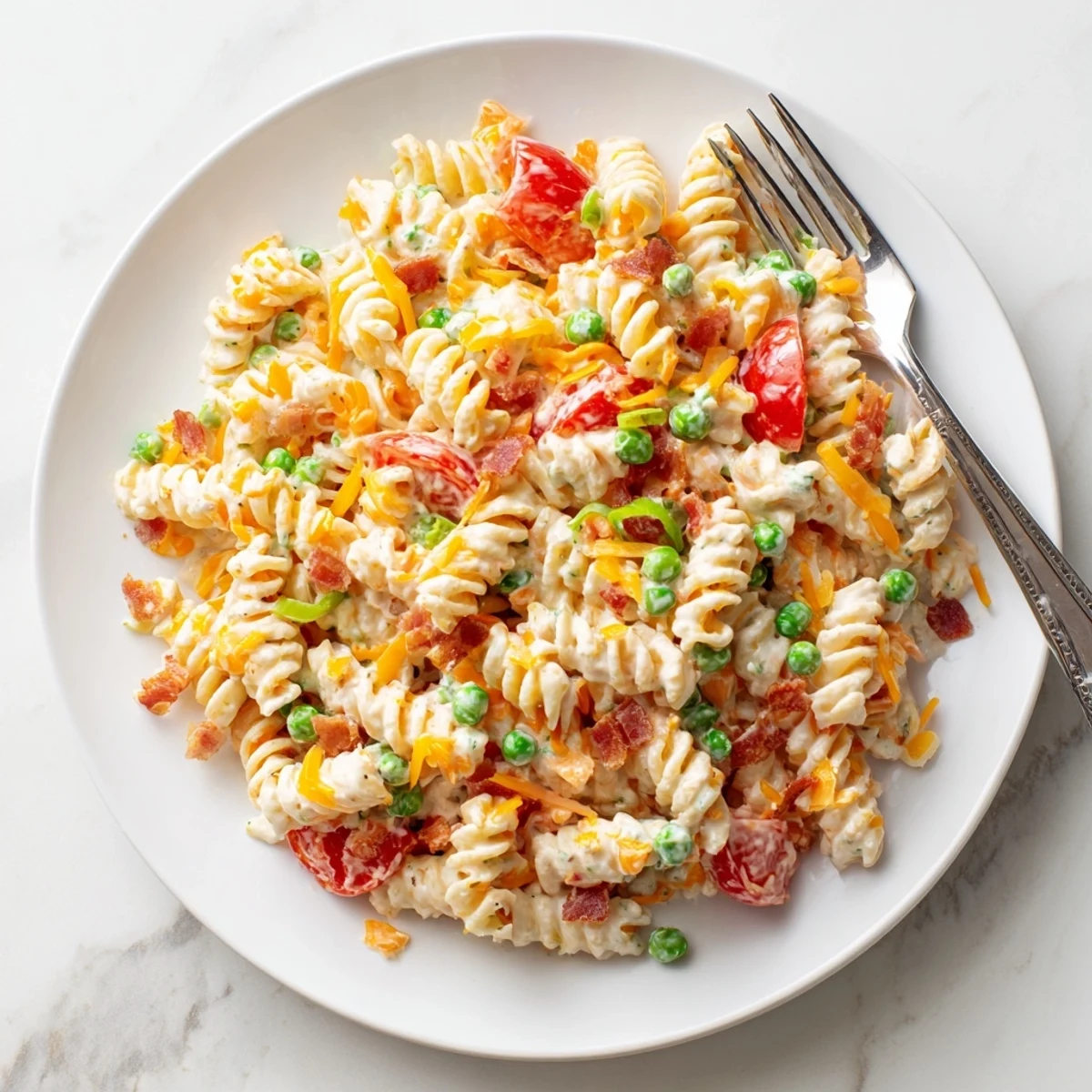 Chilled addictive crack pasta salad drizzled with ranch dressing beside crunchy bell pepper pieces