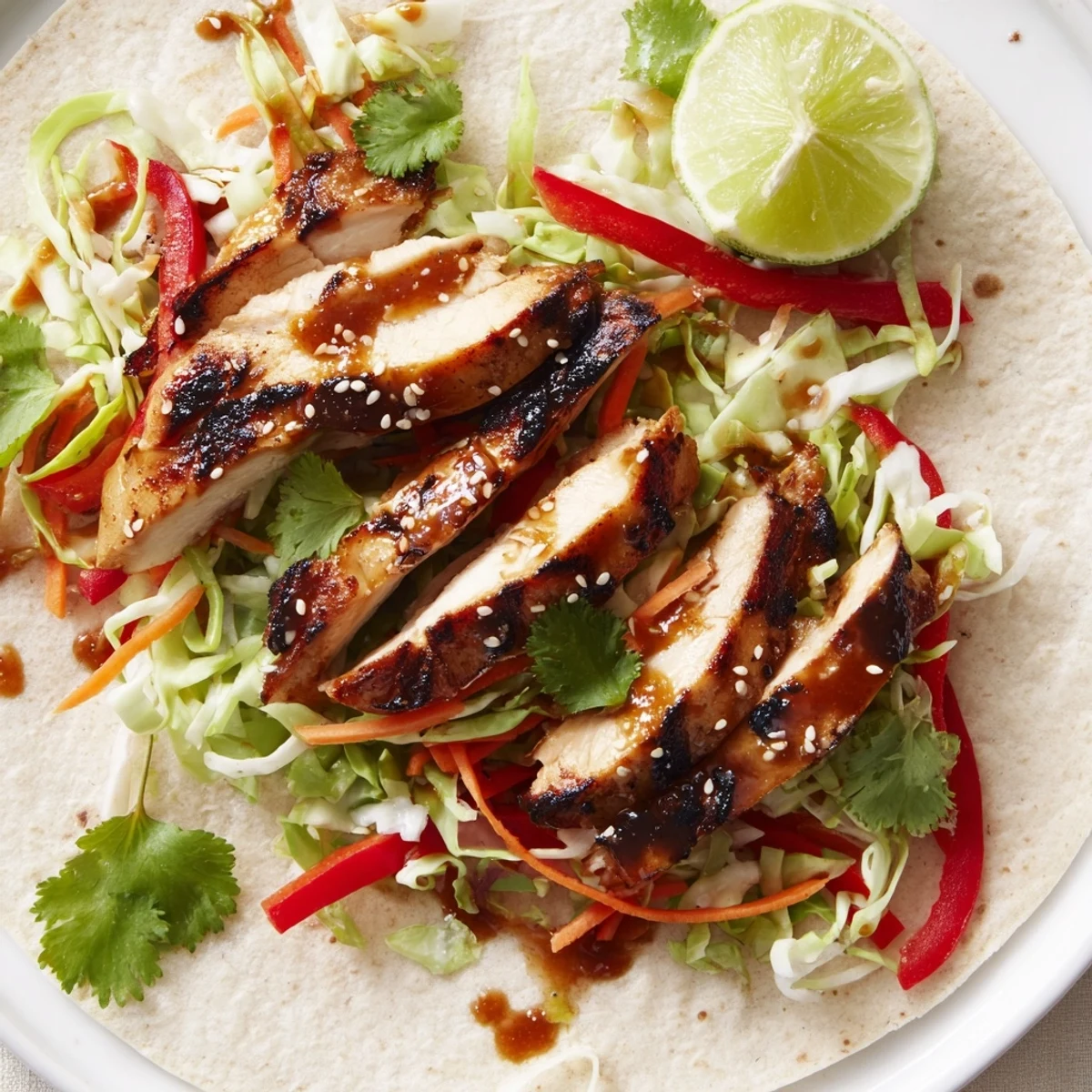 Juicy sliced chicken and colorful Asian slaw rolled inside warm tortillas for Thai chicken wraps