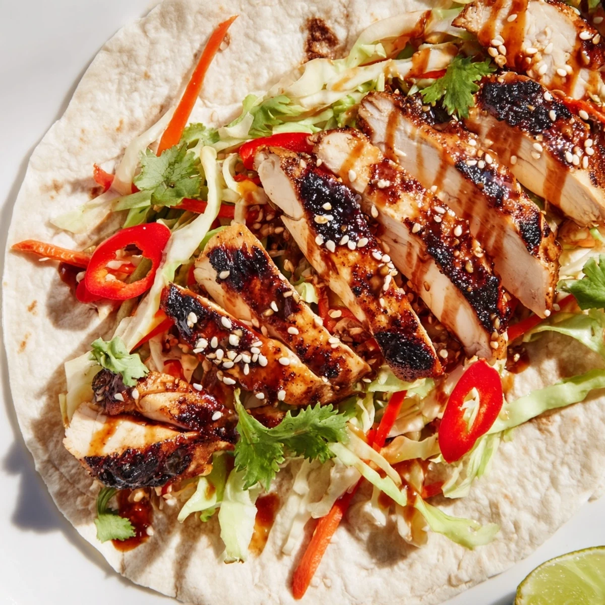 Charred marinated chicken strips nestled atop crisp purple cabbage slaw in Thai chicken wraps