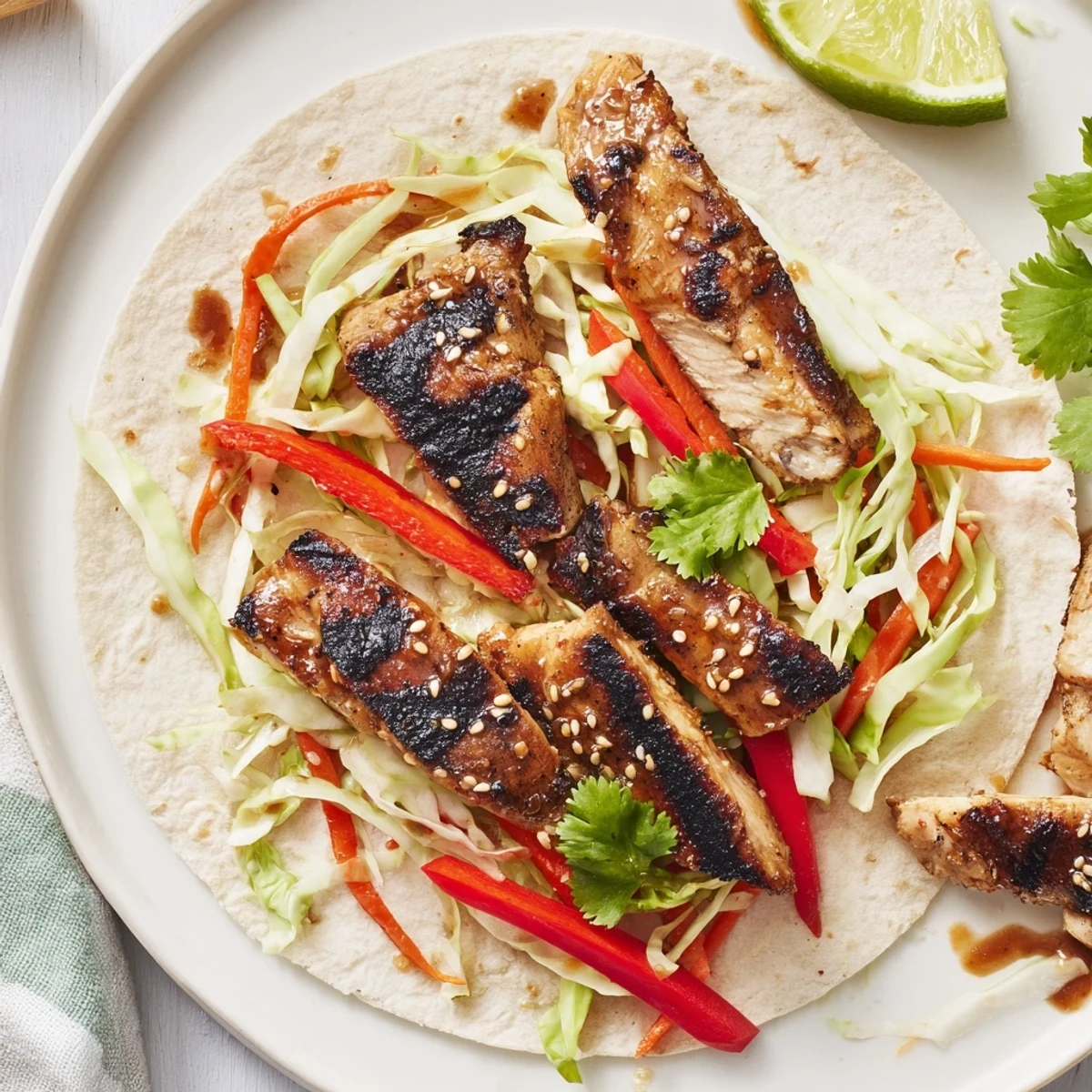Soft flour tortillas stuffed with tangy sesame-dressed slaw and tender chicken in Thai chicken wraps