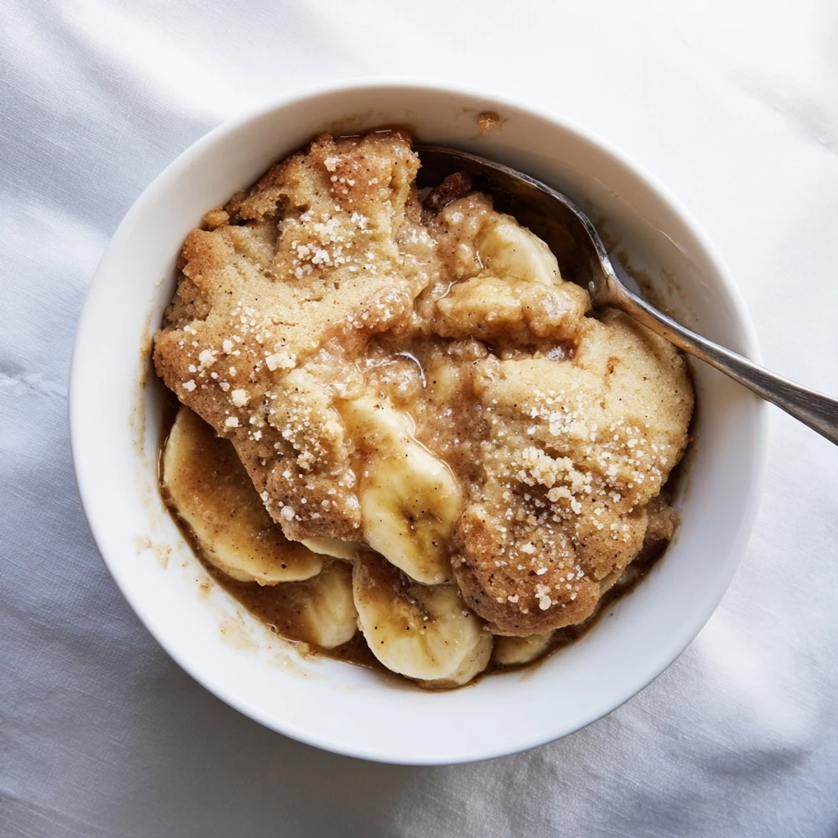 Golden Southern banana cobbler bubbling beneath a buttery, pillowy biscuit topping
