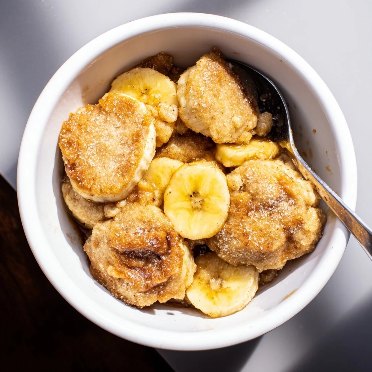 Warm Southern banana cobbler served in a dish with melting vanilla ice cream