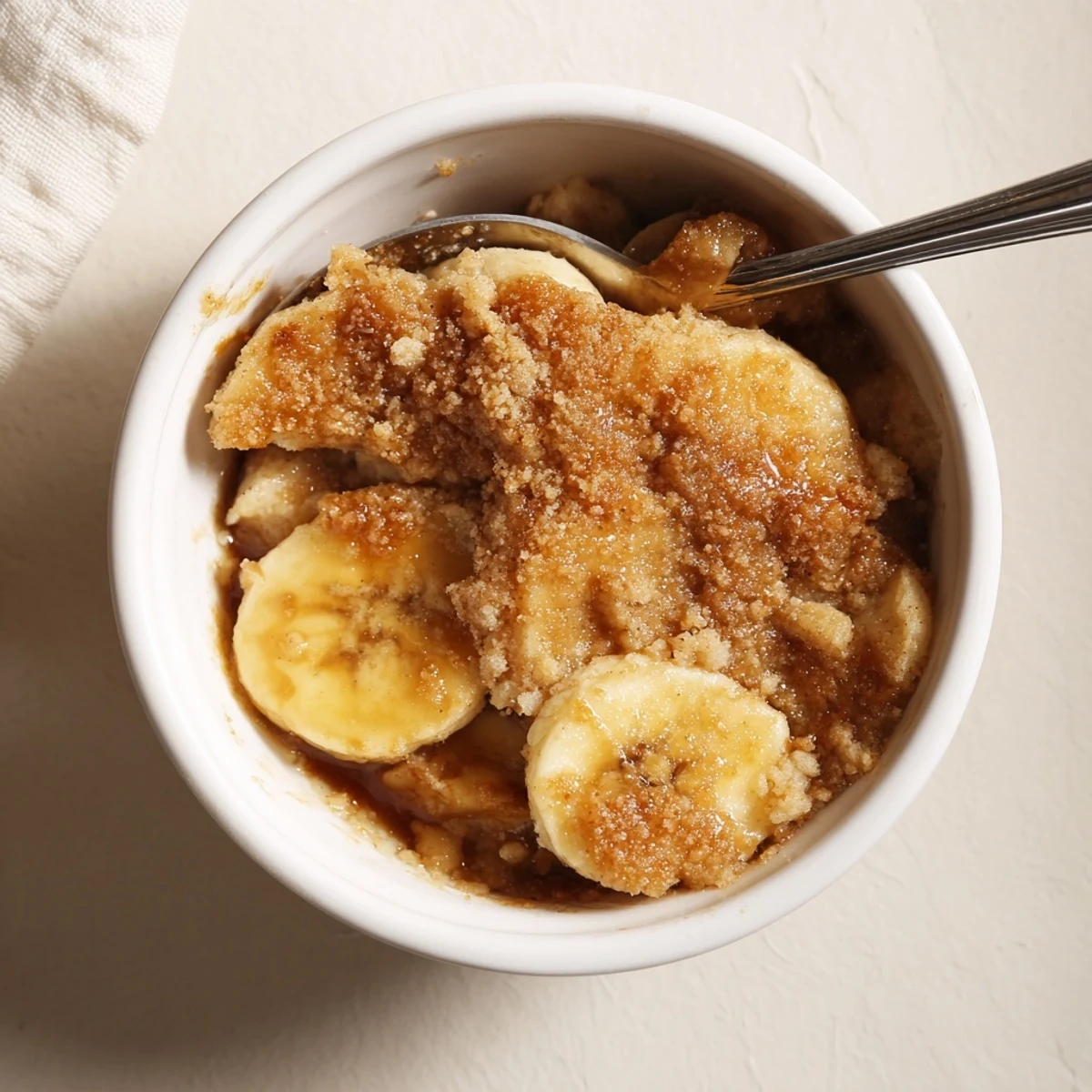 Sliced ripe bananas nestled under a crispy brown Southern banana cobbler topping