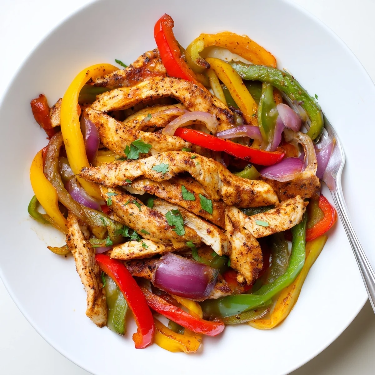 A sizzling Cheesy Baja Chicken Bell Pepper Skillet topped with cilantro and lime