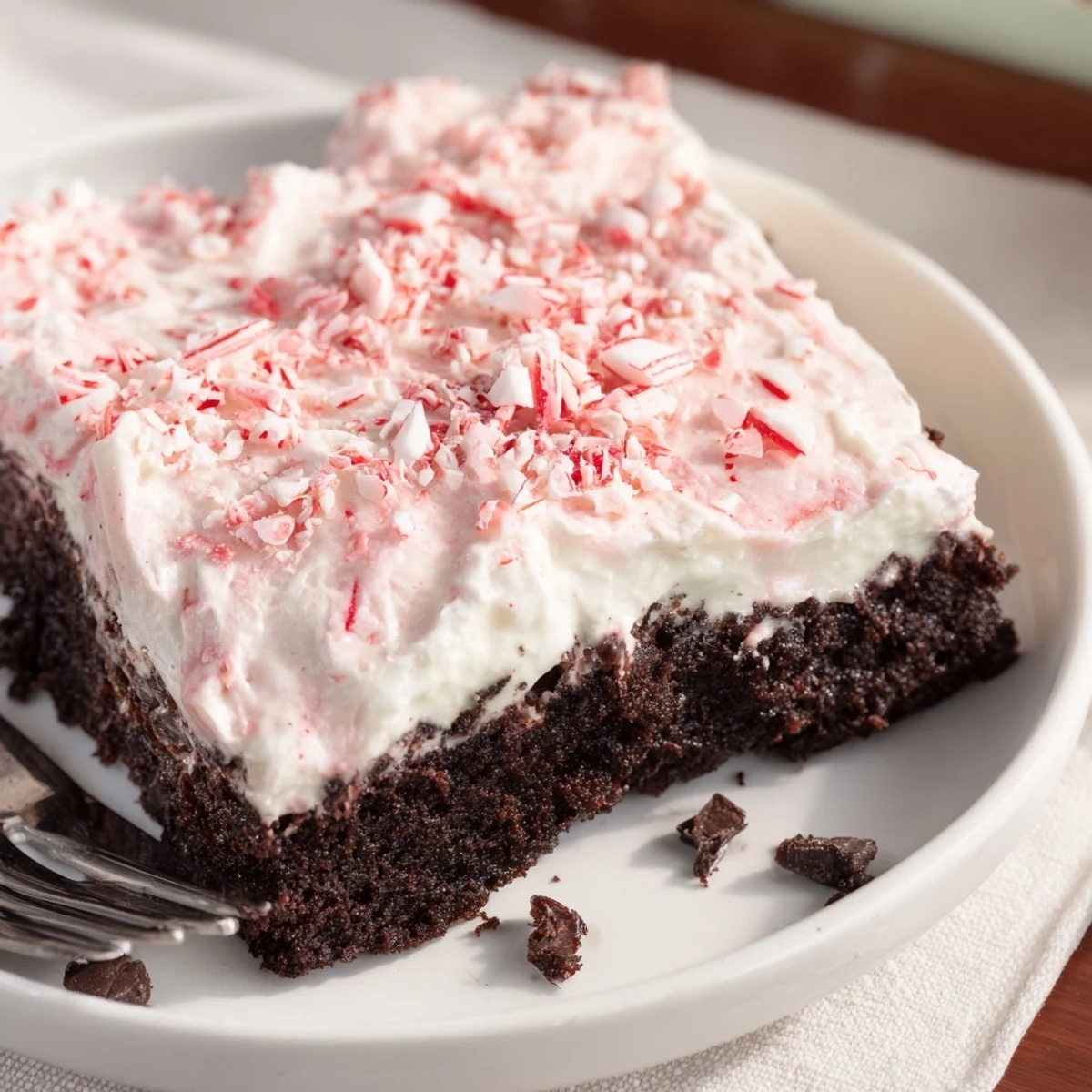 Slice of Peppermint Poke Cake on plate, minty pudding oozing from holes