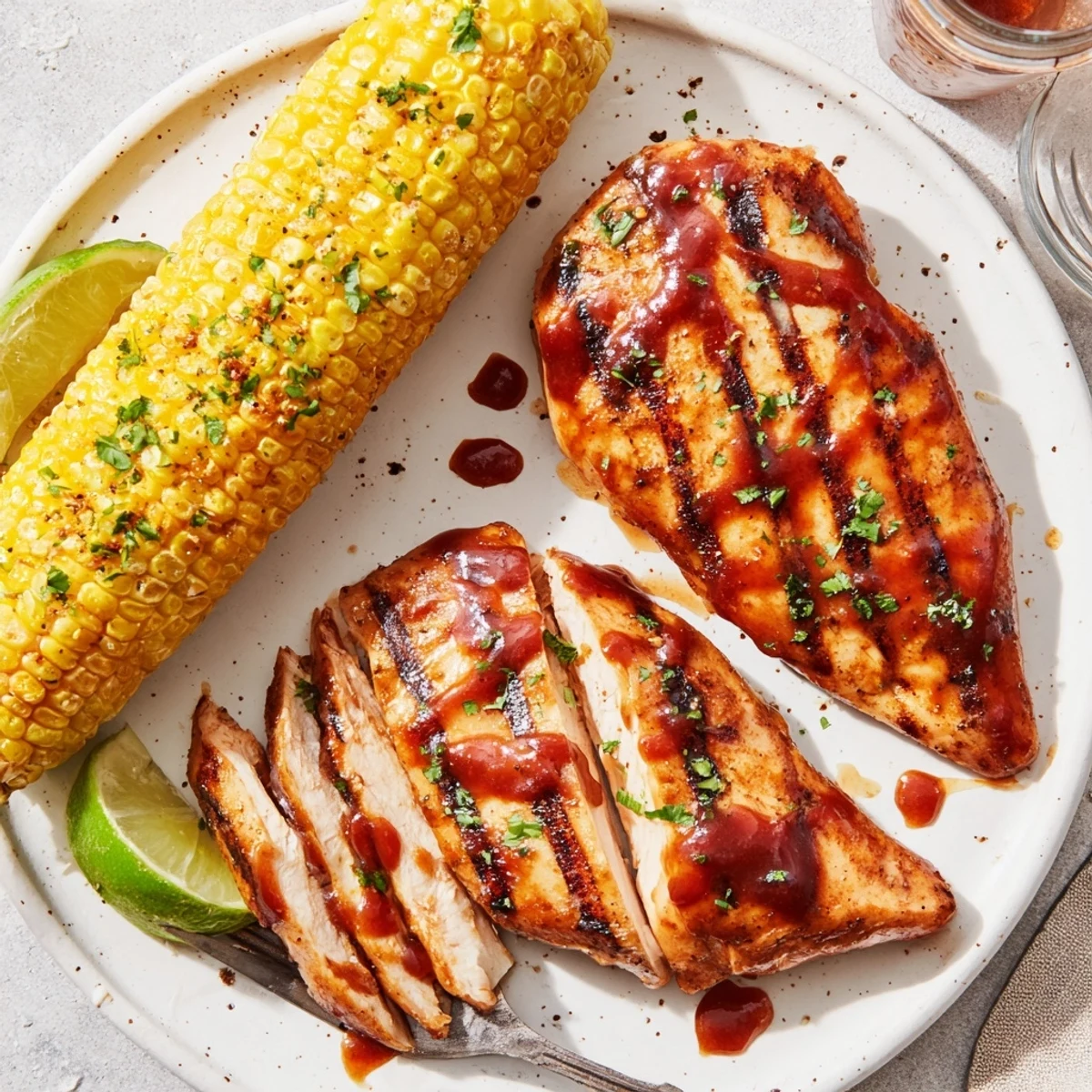 BBQ Chicken With Corn glistening with tangy sauce, grilled char and buttered kernels.