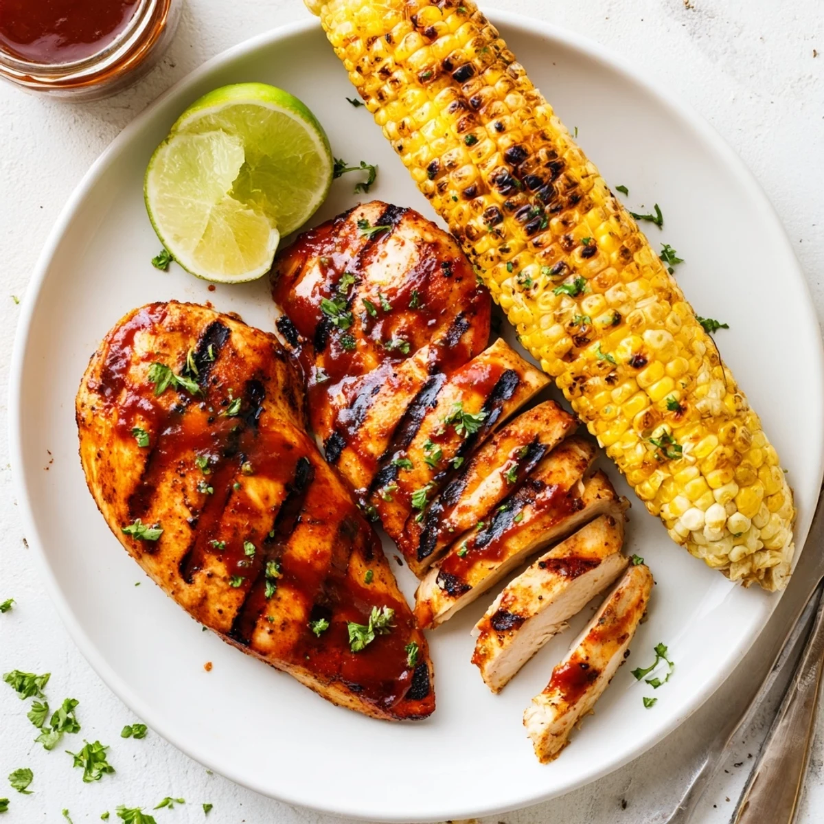 Juicy BBQ Chicken With Corn resting on cutting board, lime wedges and parsley.
