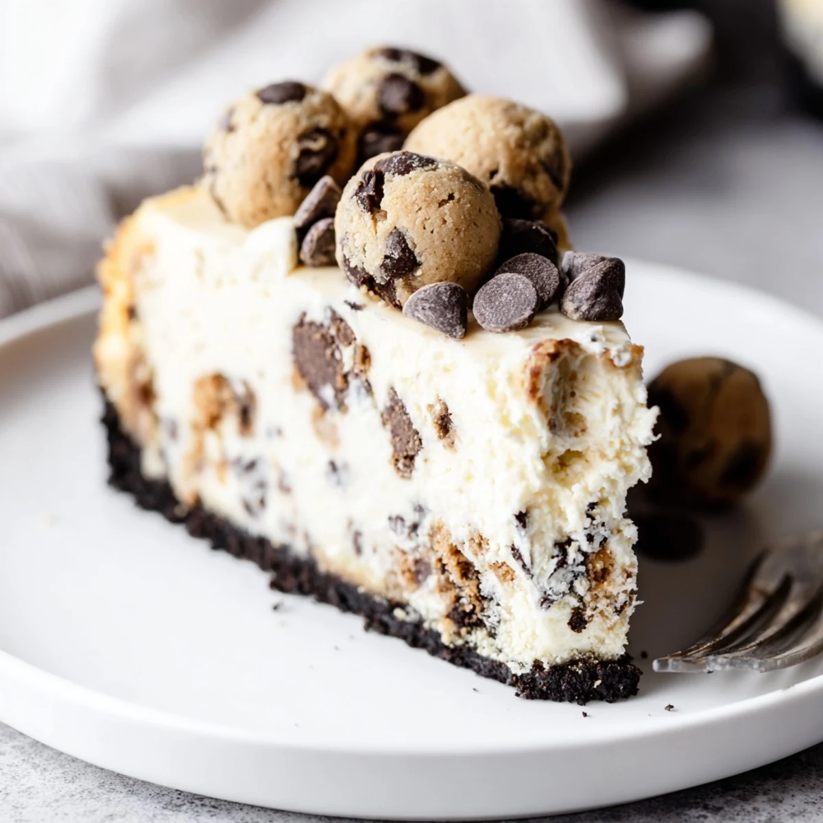 Chocolate Chip Cookie Dough Cheesecake slice showing creamy filling and doughy chocolate pockets