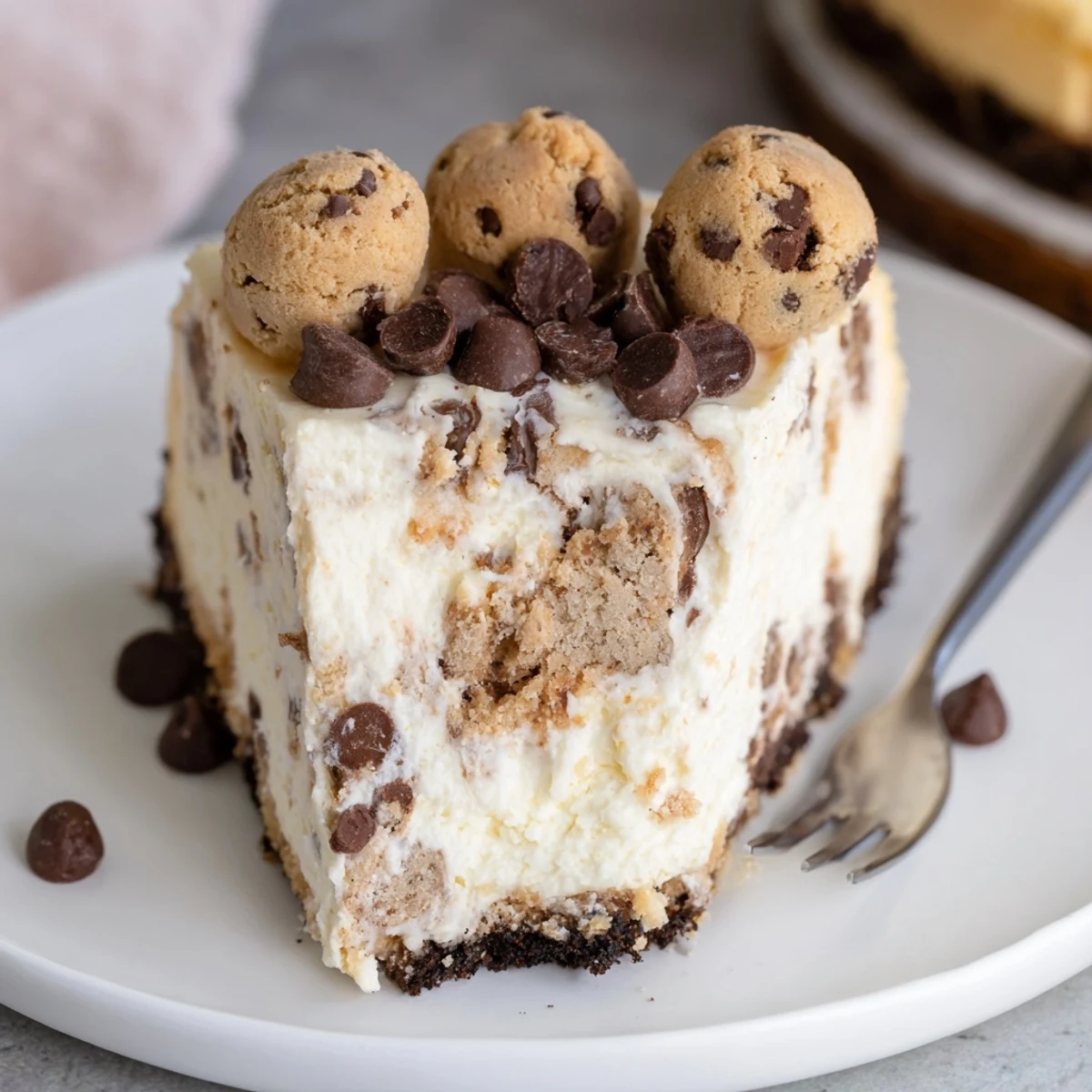 Chocolate Chip Cookie Dough Cheesecake on counter with rich chocolate crust ready to slice