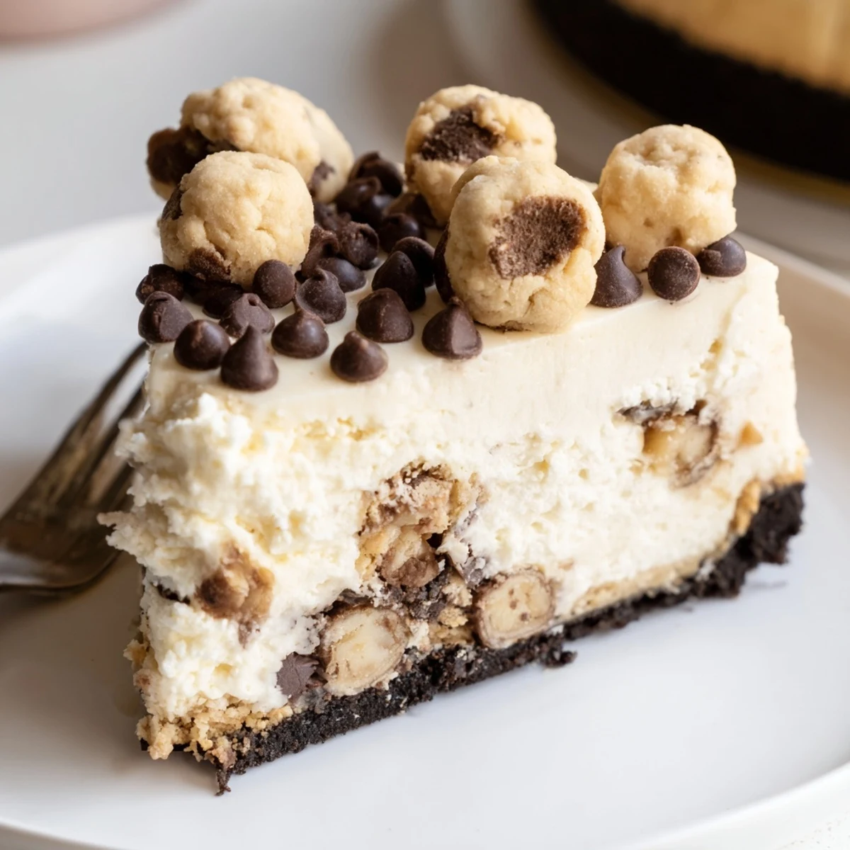 Chilled serving of Chocolate Chip Cookie Dough Cheesecake sprinkled with mini chips