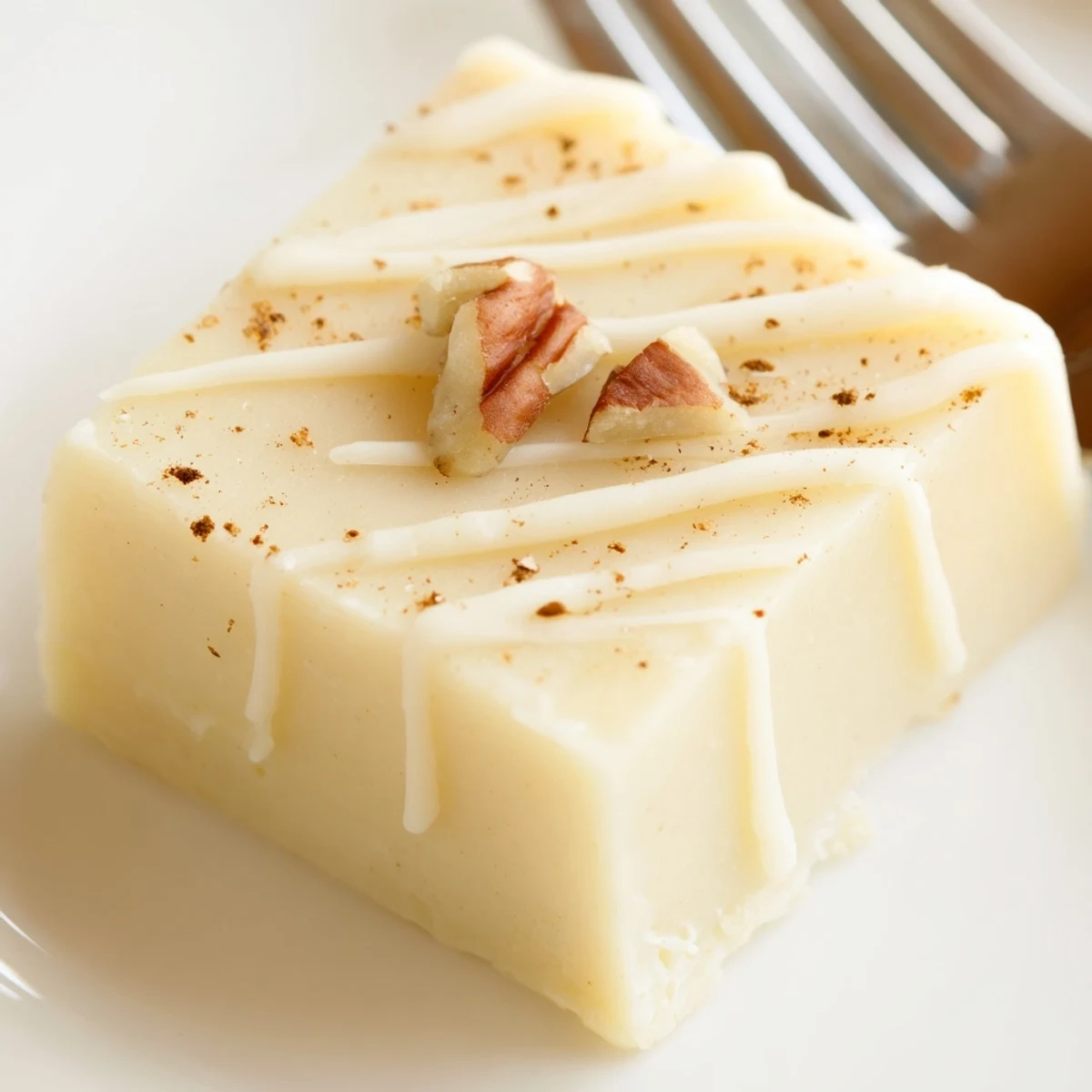Creamy Eggnog Fudge dusted with grated nutmeg, cut into glossy squares