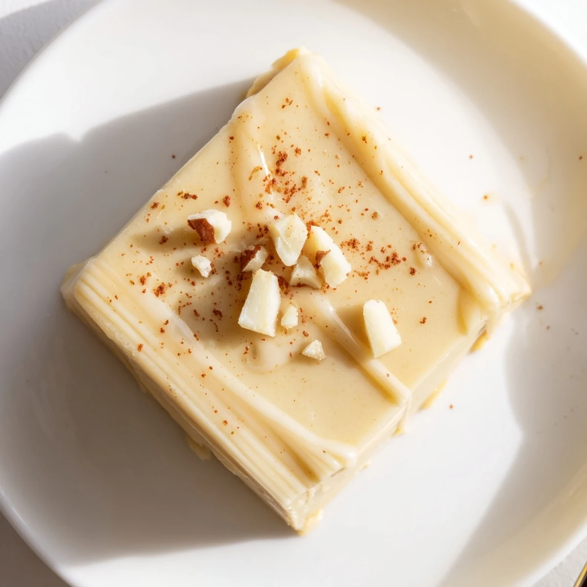 Holiday Eggnog Fudge chilled until firm on parchment, warm nutmeg aroma