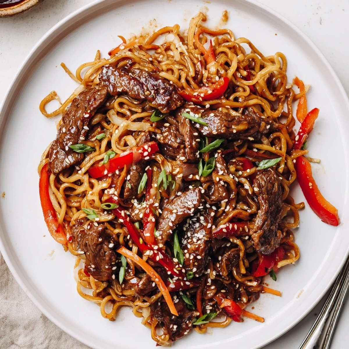Wok-tossed Sticky Beef Noodles showcasing tender beef, crisp veggies, fragrant garlic