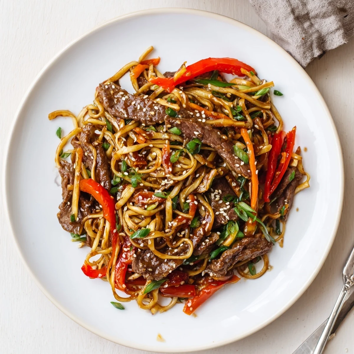 Quick weeknight Sticky Beef Noodles served with scallions, toasted sesame, citrus wedge