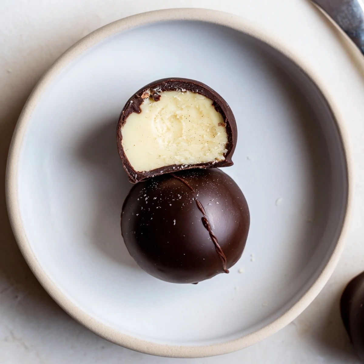 Hand rolled Dark Chocolate Eggnog Truffles chilling on parchment, rich aroma of cinnamon