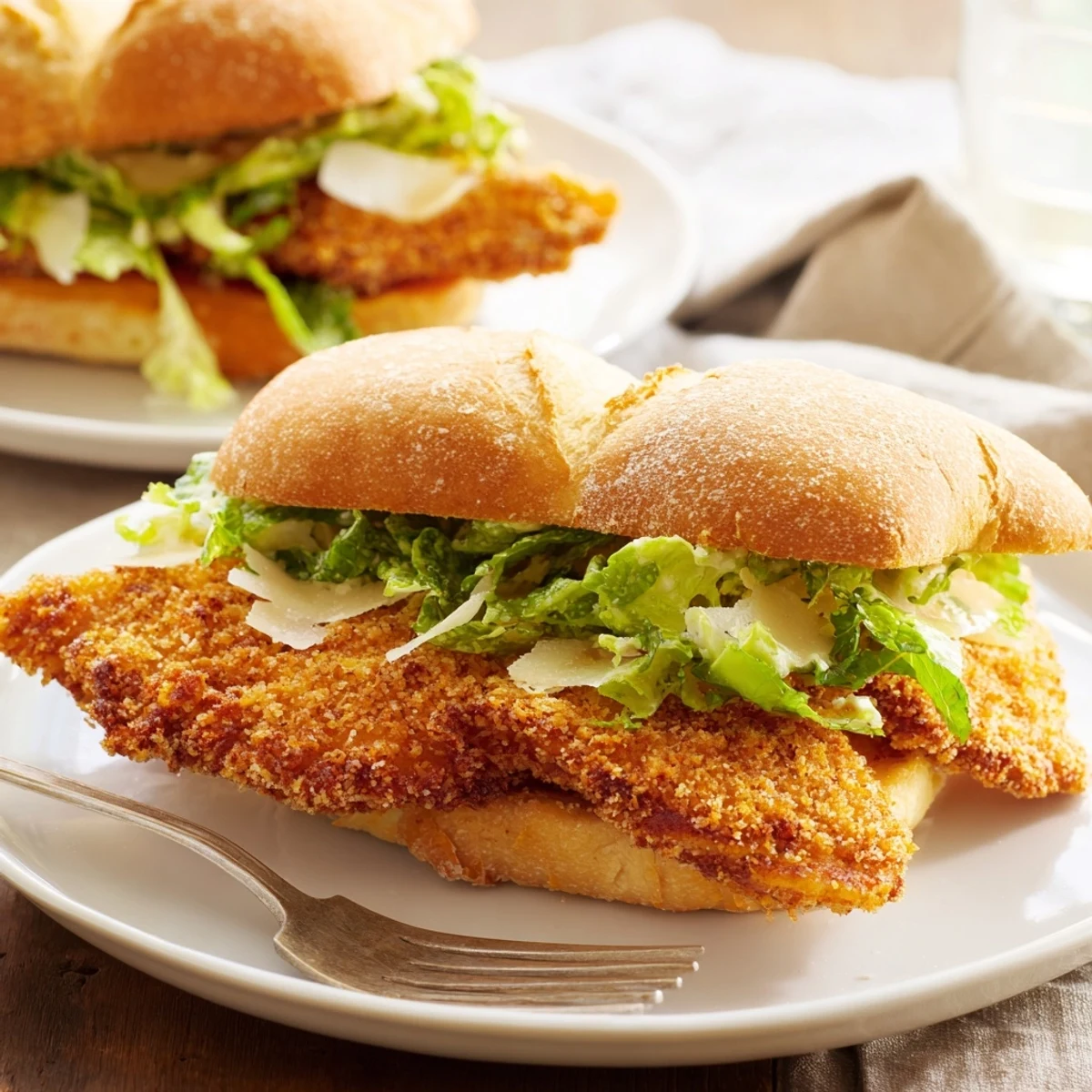 Serve Crispy Chicken Caesar Sandwich Recipe hot, with lemon wedges and fries