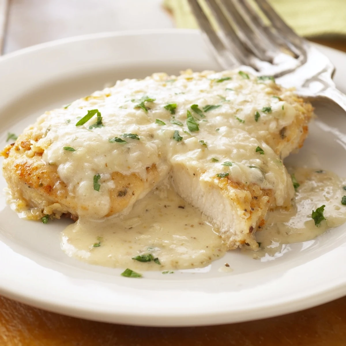 Creamy Caesar Chicken Recipe plated with roasted vegetables, golden cheese crust.