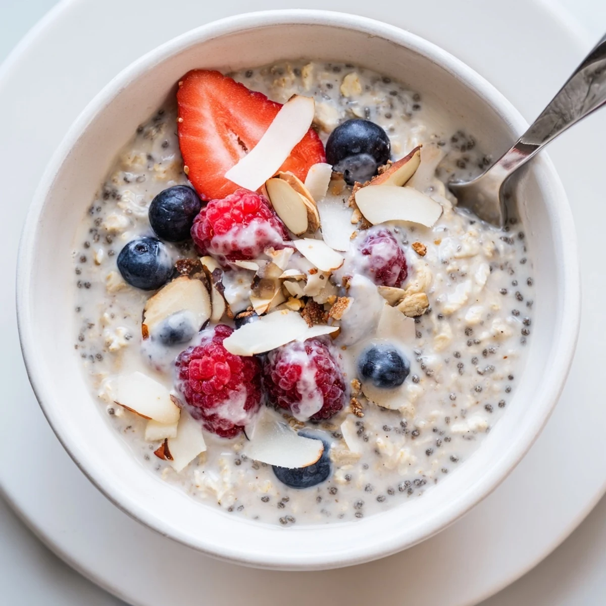Jar of Healthy Coconut Cream Overnight Oats topped with berries and toasted coconut