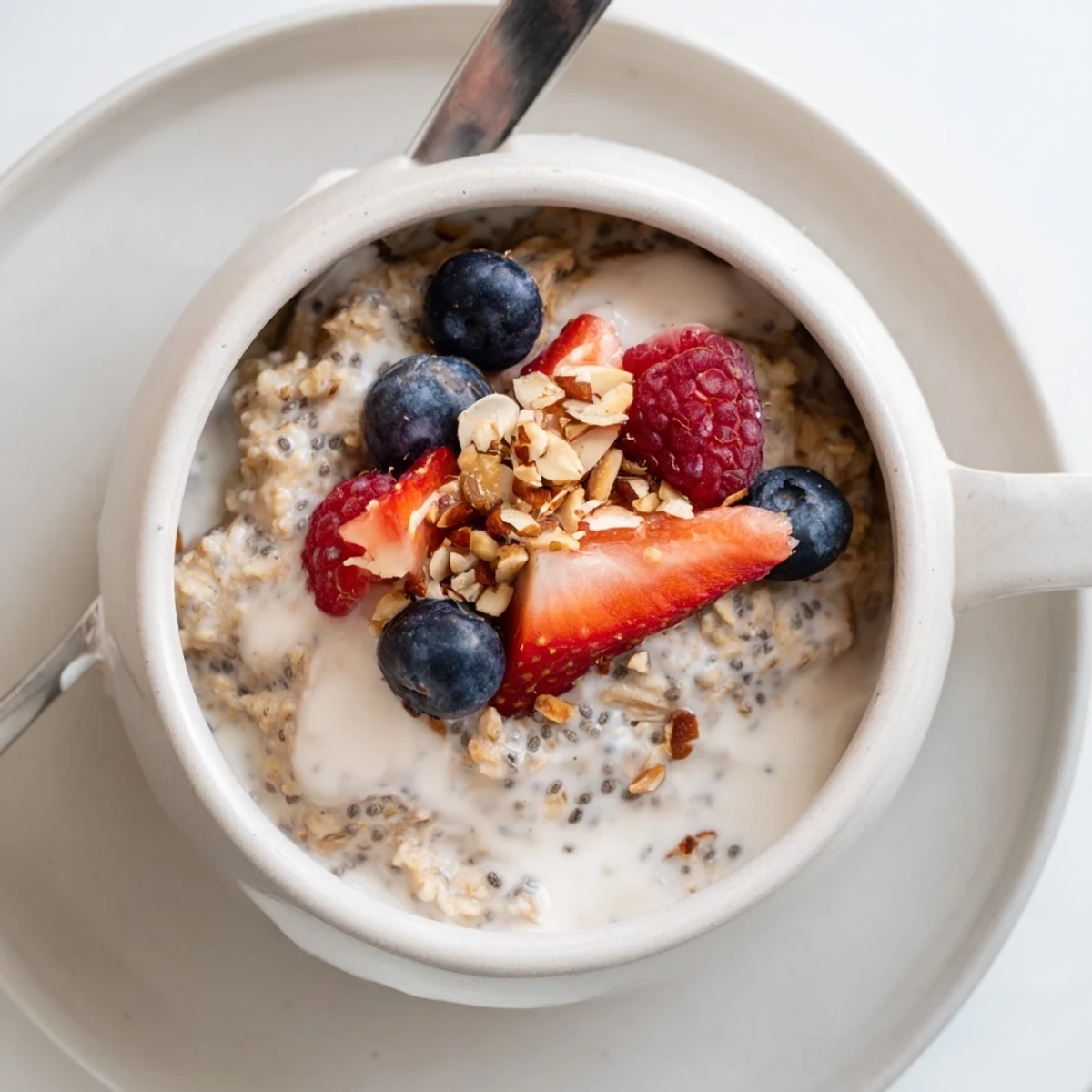 Silky Healthy Coconut Cream Overnight Oats chilling in fridge, garnished with chopped nuts