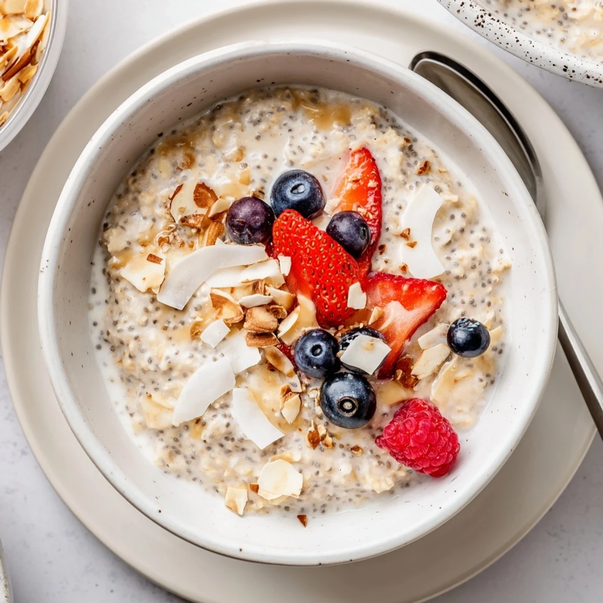 Spoonful of Healthy Coconut Cream Overnight Oats, creamy texture with fresh berry topping